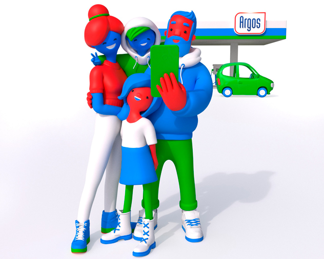 Familie die foto maakt voor Argos tankstation