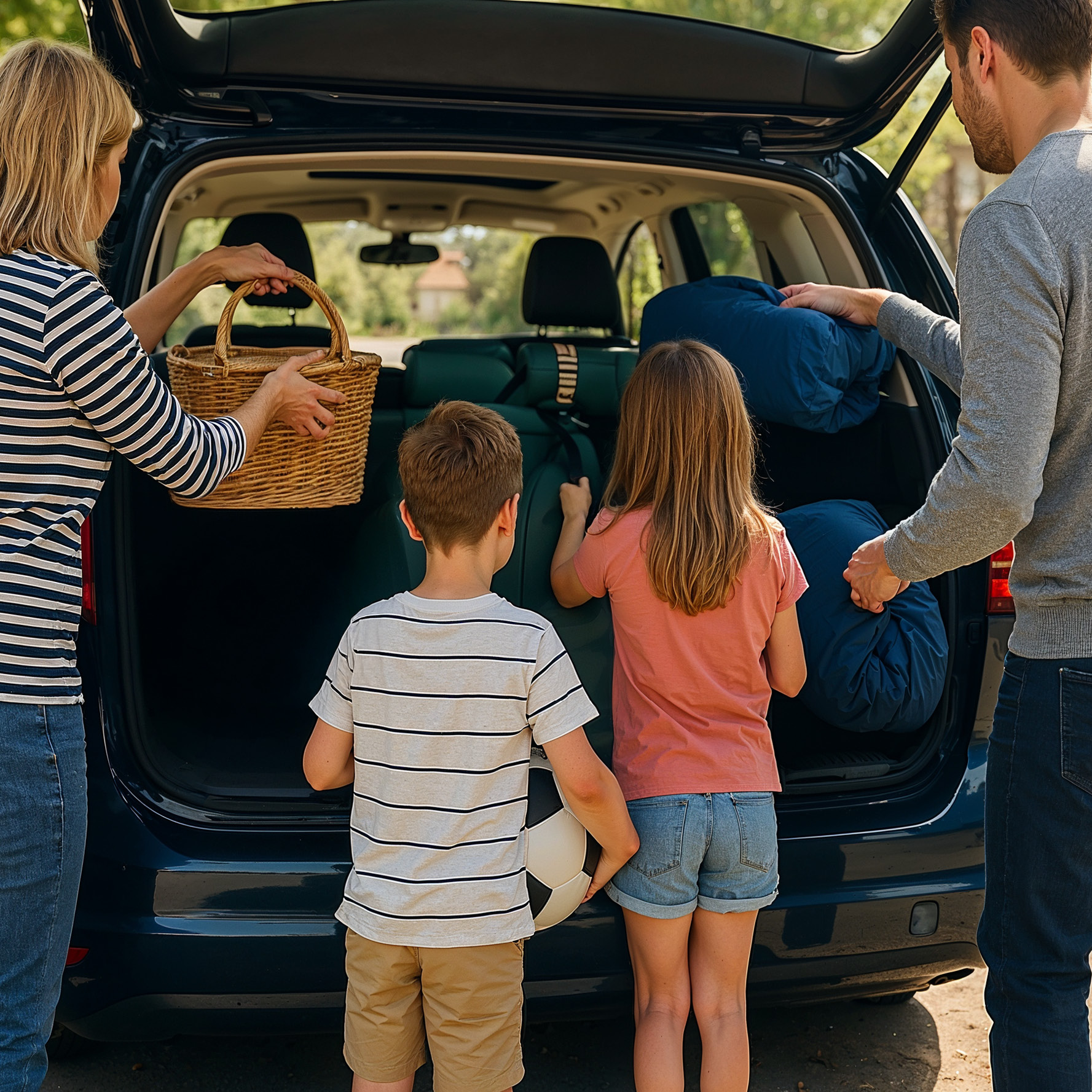 Familie die spullen in de auto leggen